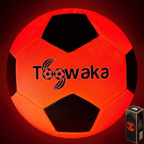 Toowaka Balón de fútbol iluminado, tamaño 5 que brilla en la oscuridad, pelota de fútbol LED con luces LED preinstaladas, baterías incluidas Balón