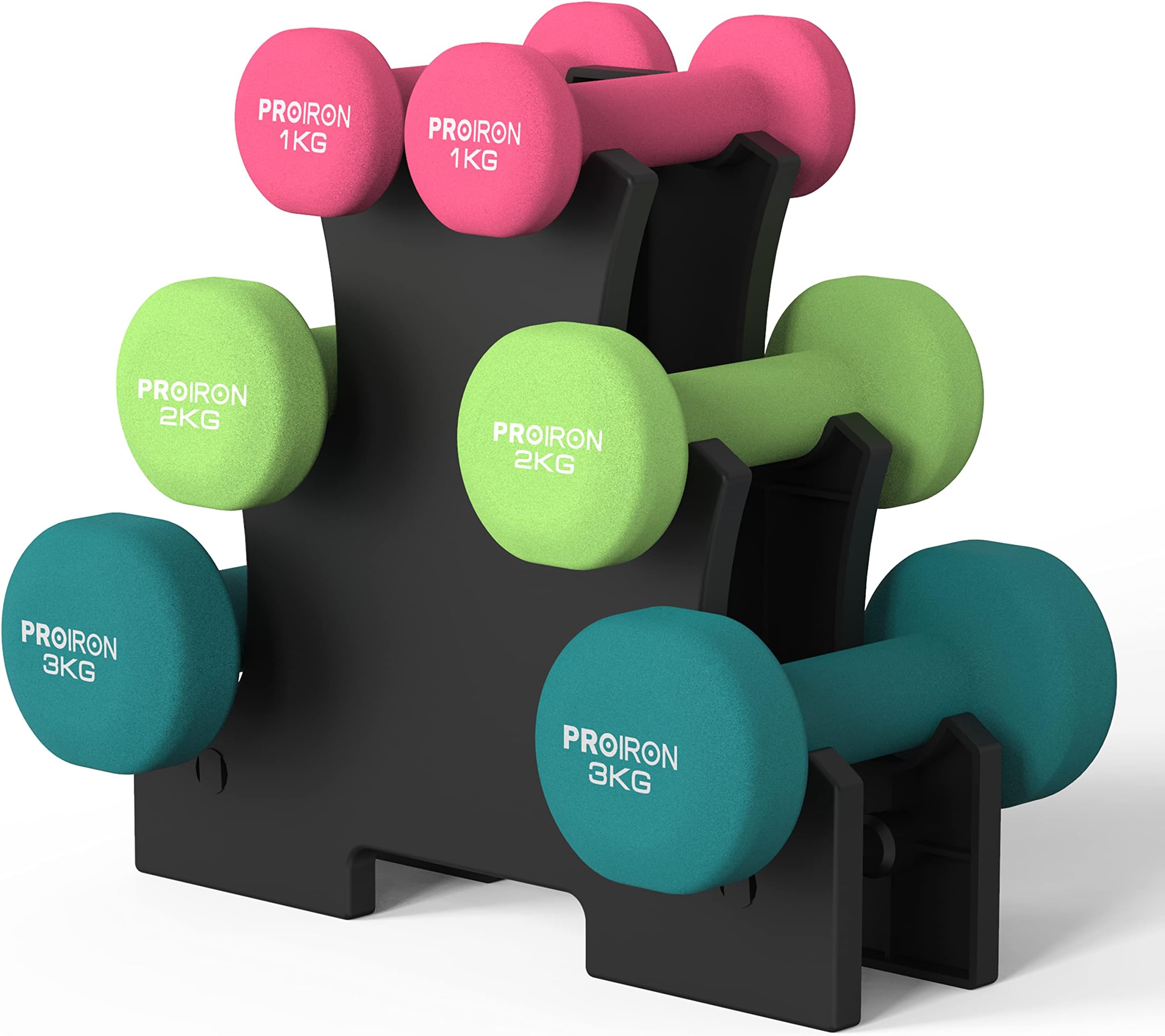 PROIRON Neoprene Dumbbell with Rack Set 1kg/2kg/3kg - Home Exercise for Ladies Kids Arm Hand Weights Pilates Dumbbells