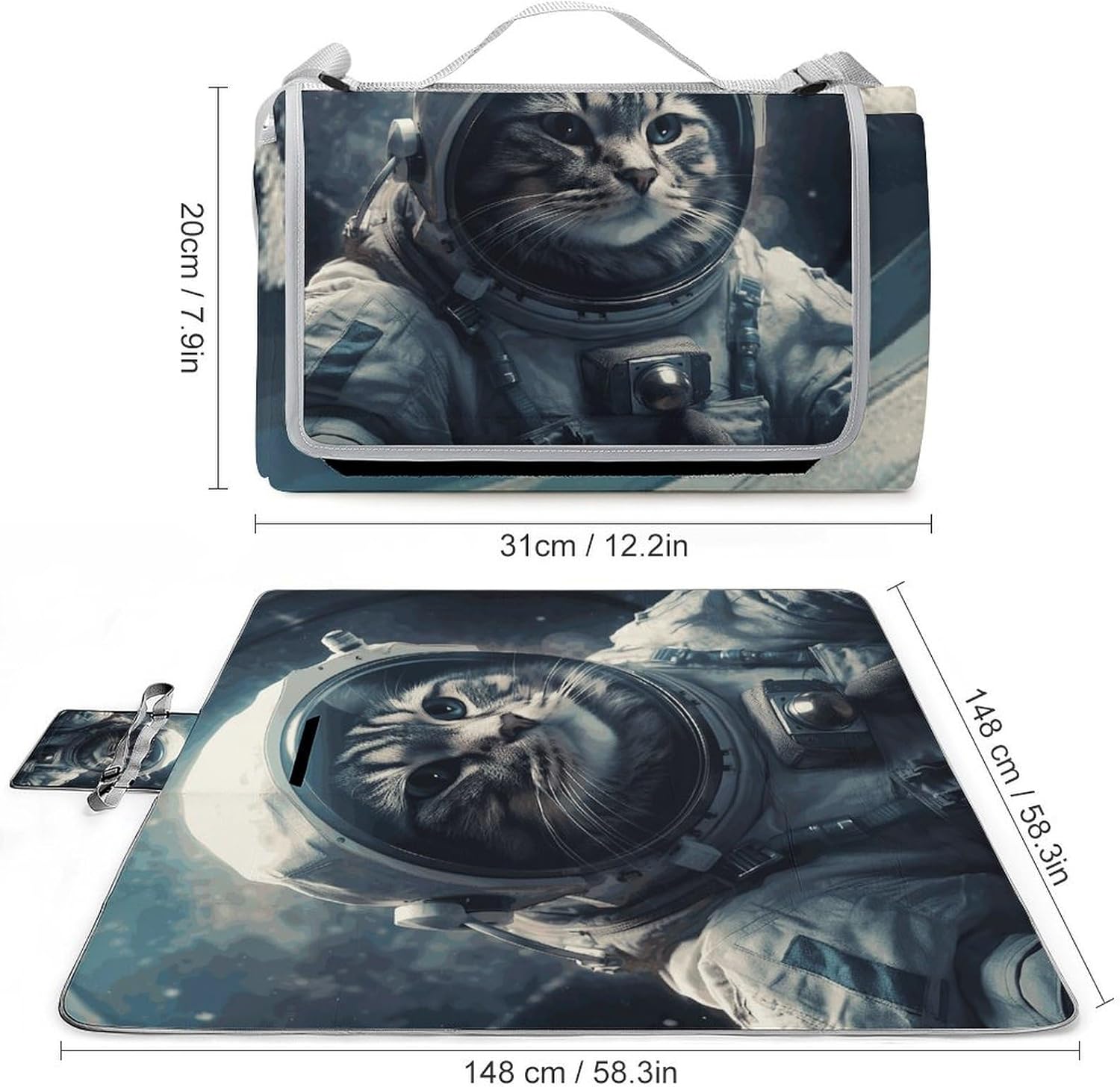 Astronaut Cat in Space Waterproof Picnic Blanket 58.3''x58.3'',Portable and Foldable Picnic Mat with Handle,Outdoor Blankets for Lawn Park Beach Travel