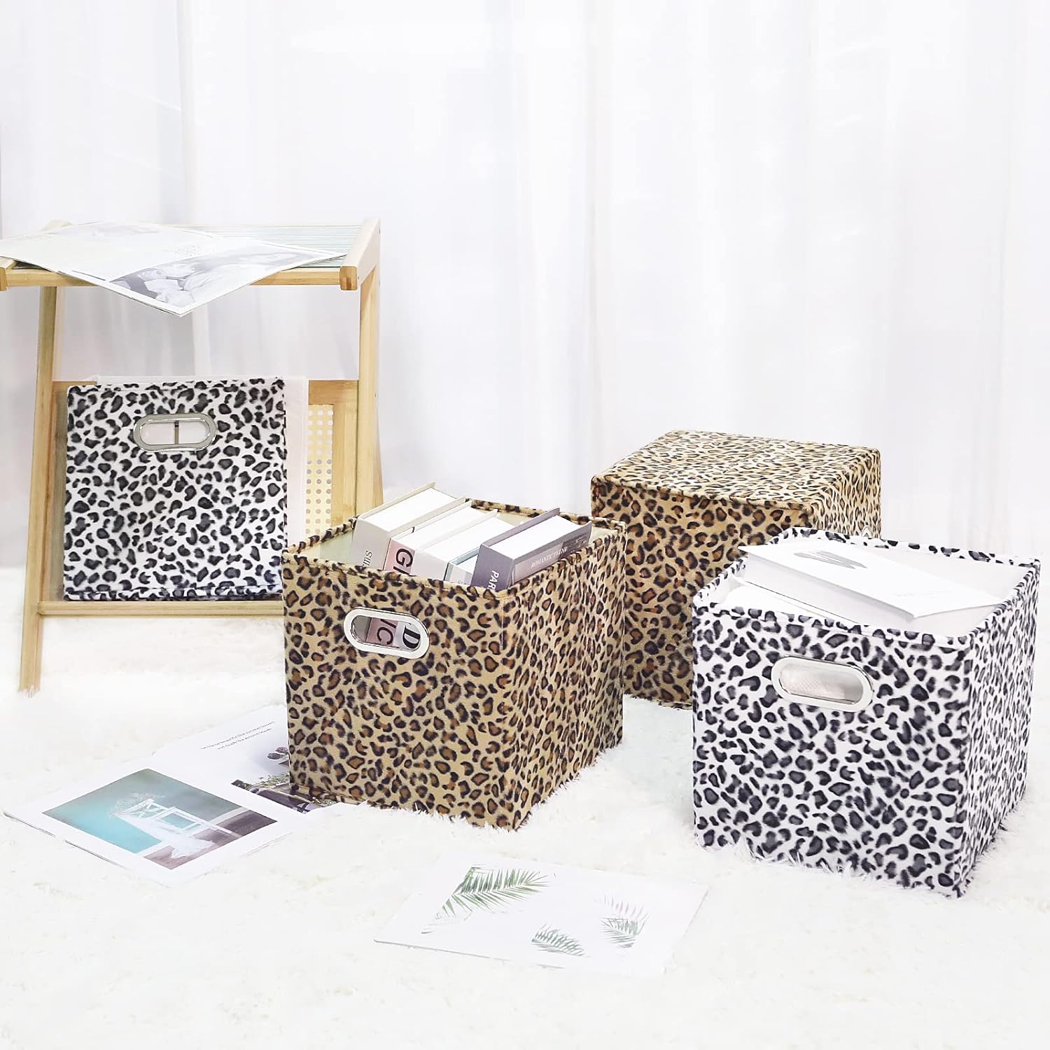 ANMINY 2PCS Storage Cubes Leopard Cheetah Print Velvet Fabric Storage Bins for Shelves, Collapsible Washable Closet Storage Baskets Boxes with Handles for Organizing and Storage -Brown, 11"x 11"x 11"