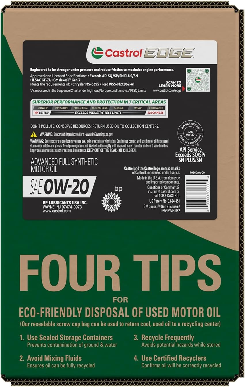 Castrol EDGE 0W-20 Advanced Full Synthetic Motor Oil, 6 Quart EcoPack
