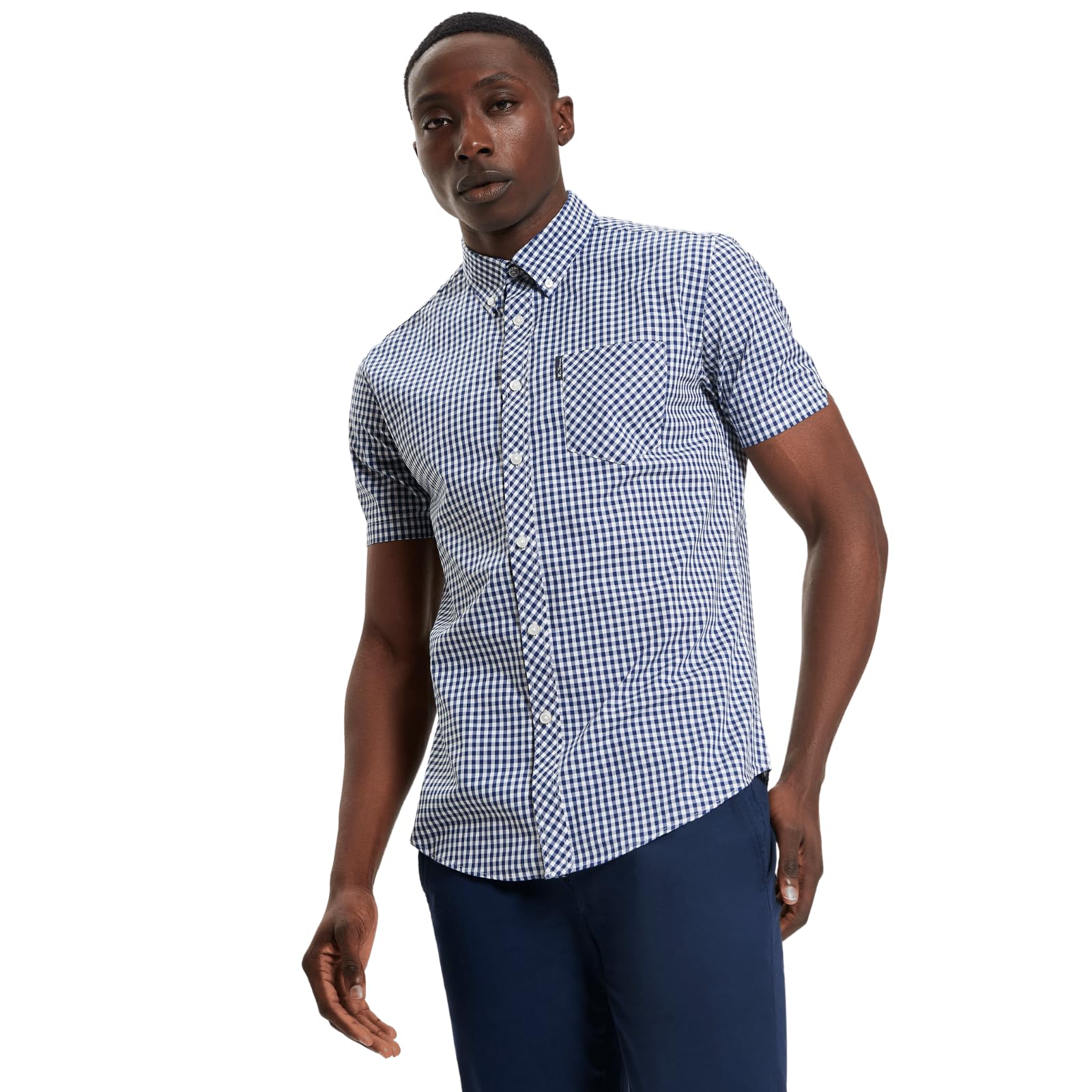 Ben Sherman Men's Dark Blue Signature Gingham Check Short Sleeve Shirt For In 4XL