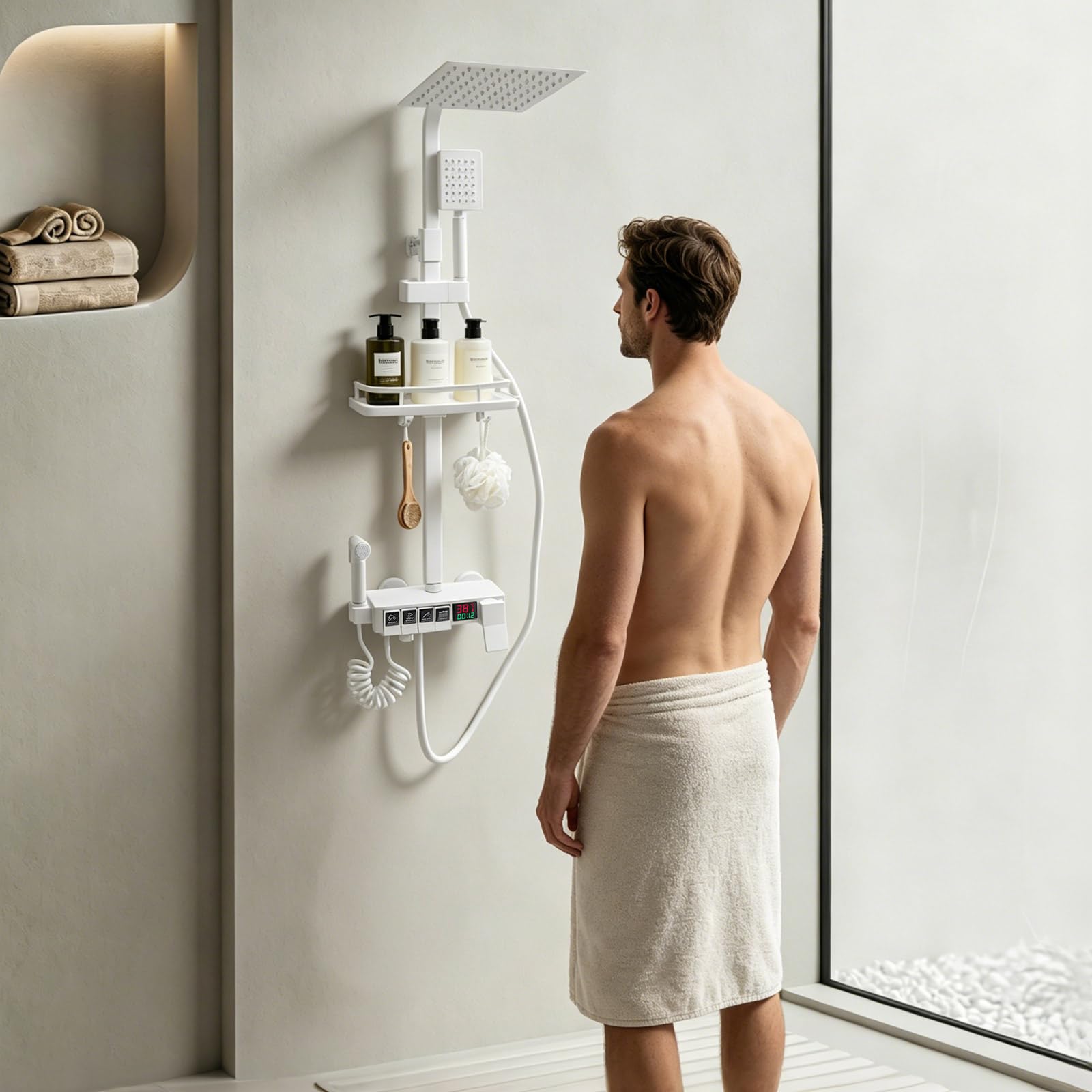 Conjunto de ducha con 4 salidas y termostato LED indicador de ducha de acero inoxidable con alcachofa de mano (manguera de 1,5 m) y cesta de almacenamiento para baño y hotel, color blanco