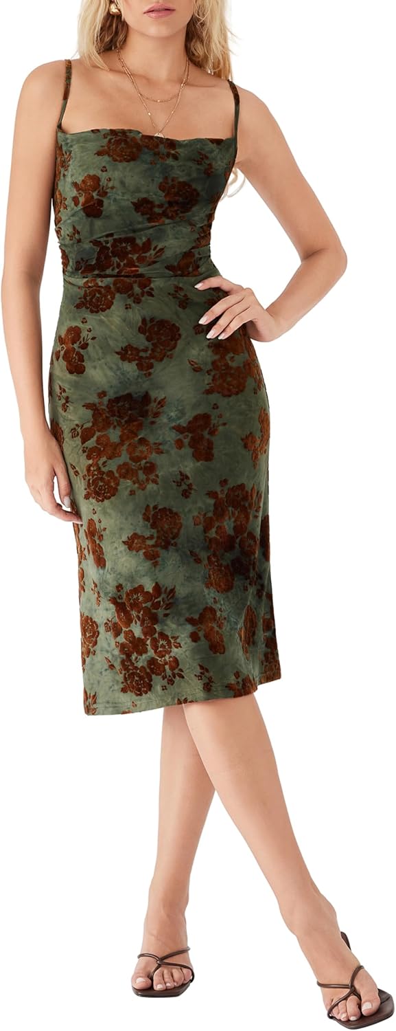 CIDER Womens Velvet Dress Floral Sleeveless Spaghetti Strap Ruched Midi Club Party Wedding Guest Dresses - Image 2