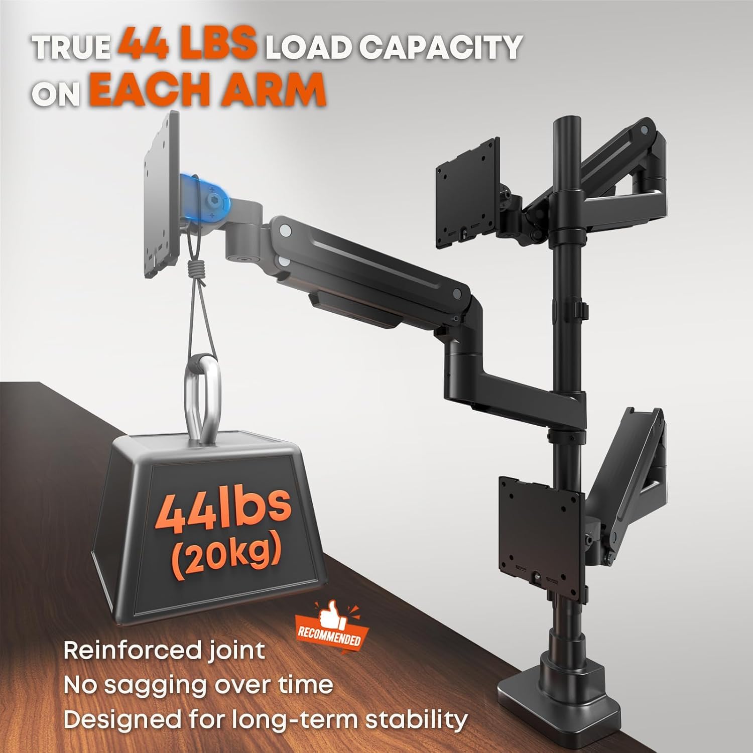 PUTORSEN Supporto per 3 monitor da 17 a 49 pollici, supporto regolabile in altezza con portata di 20 kg per braccio, asta da 80 cm per schermi piatti o curvi, VESA 75/100 mm