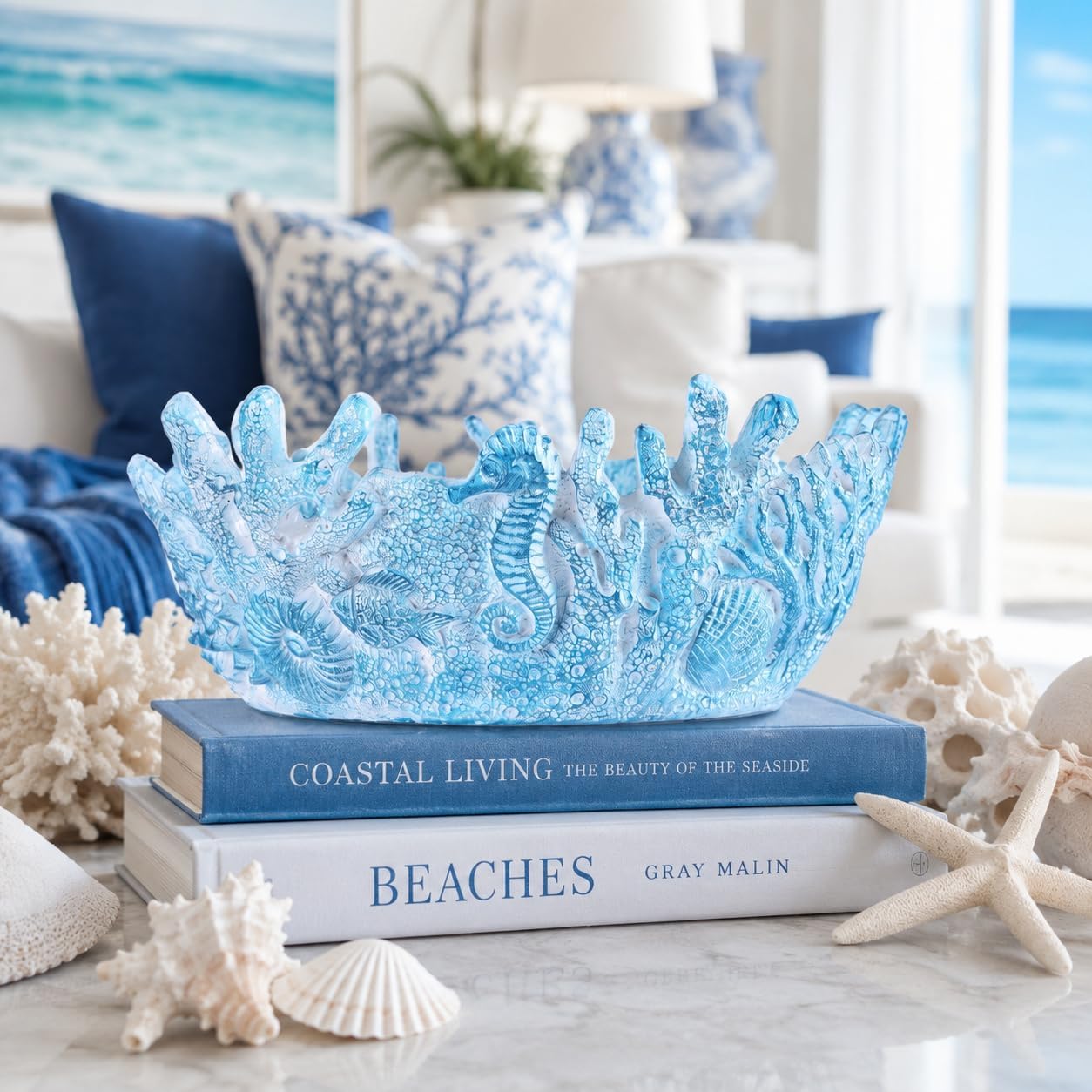 Ocean Coastal Coral Resin Decorative Bowl for Fruit & Storage(Dark Blue)