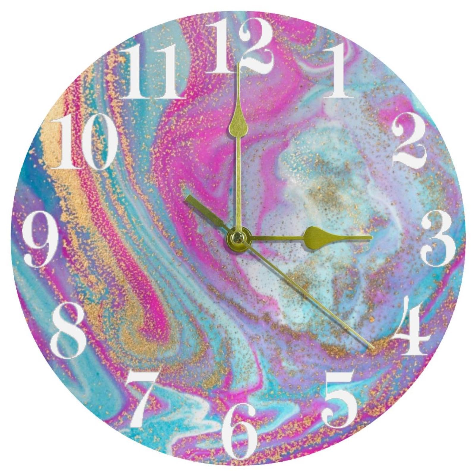 Horloge murale de luxe pailletée bleue et rose chic pour salon raffiné