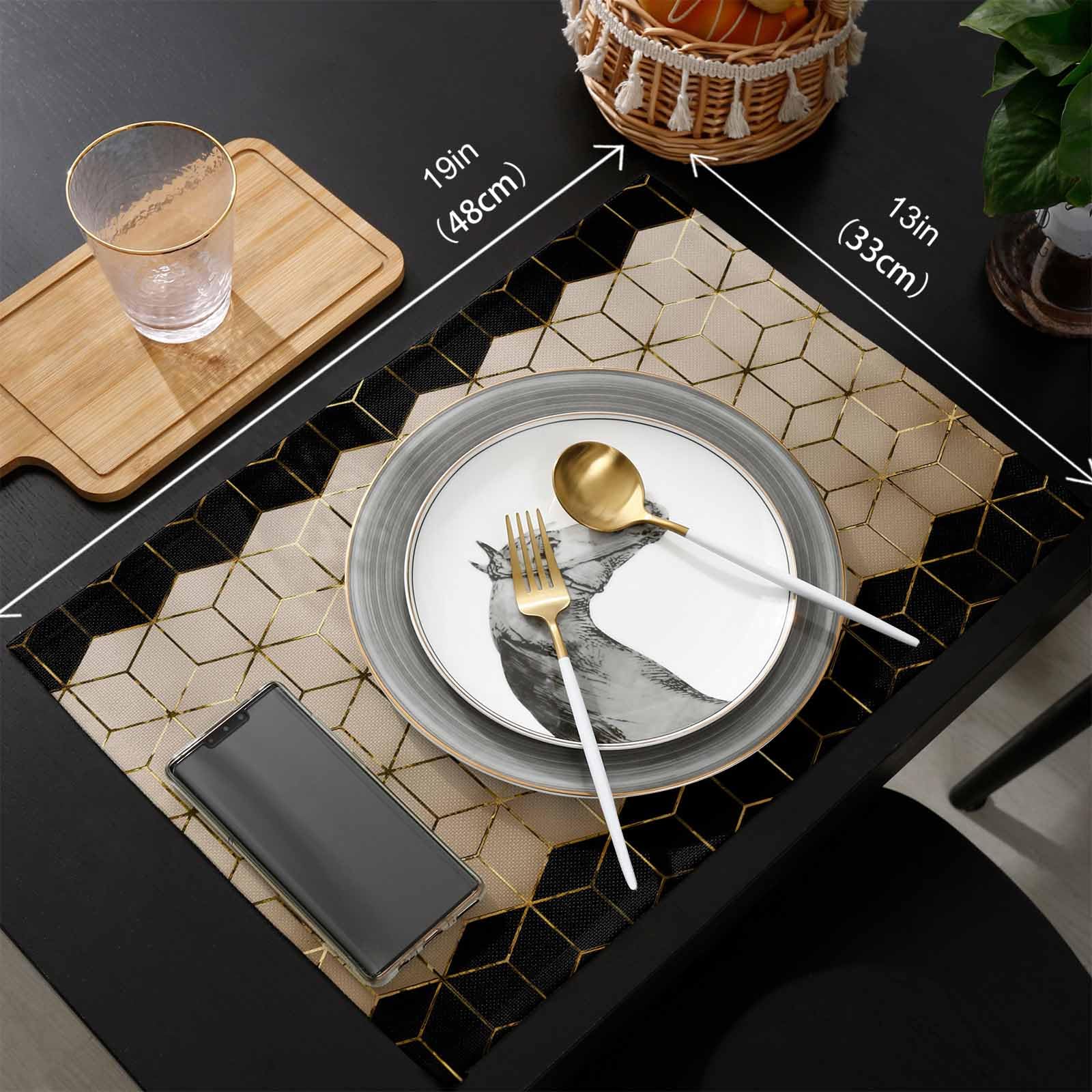 Juego de 6 manteles individuales con patrón geométrico, cubos de arte abstracto, color marrón, negro, dorado, resistentes al calor, antideslizantes, de arpillera, para mesa de comedor, cocina, fiesta,