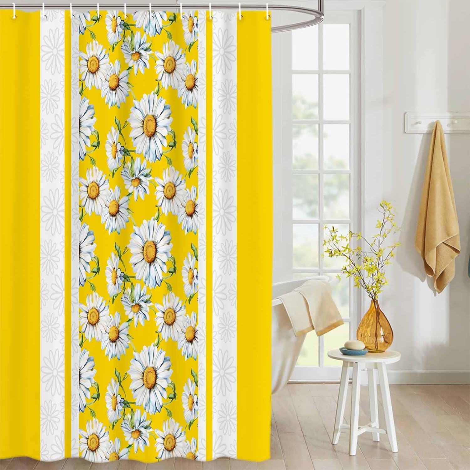 Yellow Daisy Shower Curtain Set with Hook 72" x 78",Washable Cloth Polyester Fabric Shower+Curtain,Waterproof Bath Curtains for Bathroom,Showers,Bathtubs Vintage Botanical Wildflower Geometric Stripes
