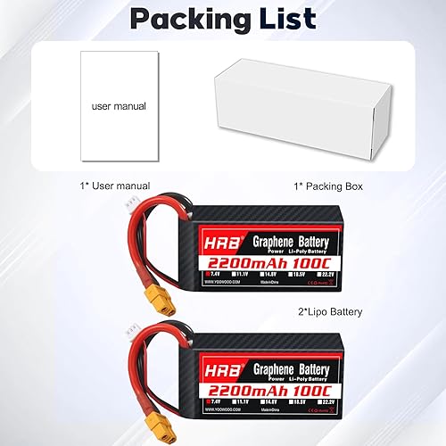 Miniatura 6 de HRB Graphene 2S 2200mAh Lipo Batería 100C 7.4V XT60 RC Lipo Batería Compatible con RC Car RC Truck RC Boat RC Airplane RC Helicopter (2 paquetes)