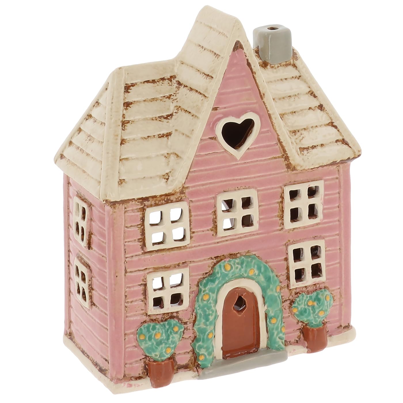 Shudehill Giftware Pink/White Ceramic Cottage Tealight Holder, Village Pottery Floral Panel House, Large Ornament With Heart-Shaped Window And Arched Doorway