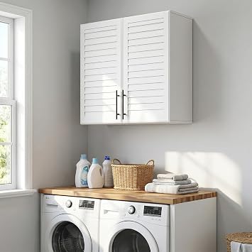NEWOWNDS Laundry Cabinets Wall Mounted, Upper Kitchen Wall Cabinet,Adjustable Shelves, Shutter Style Doors Storage for Bathroom Kitchen Laundry Room,Garage,White,29.5 Inch Wide