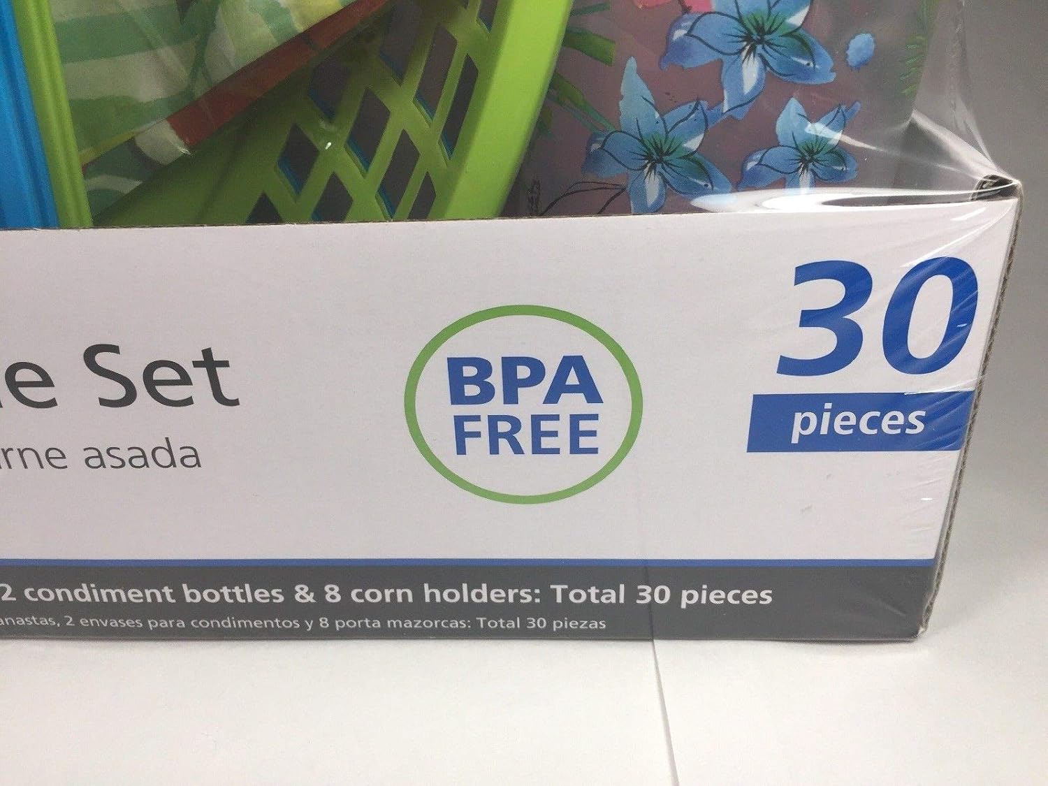 Flash Deals - 60% OFF BBQ Picnic Serving Set with Green & Blue Plastic Hamburger Baskets, Floral Food Basket Liners, Corn Trays with Corn Cob Holders, Ketchup & Mustard Condiment Bottle