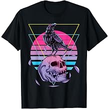 Vaporwave Skull and Crow Retro الجمالية الباستيل القوطي الفن تي شيرت   