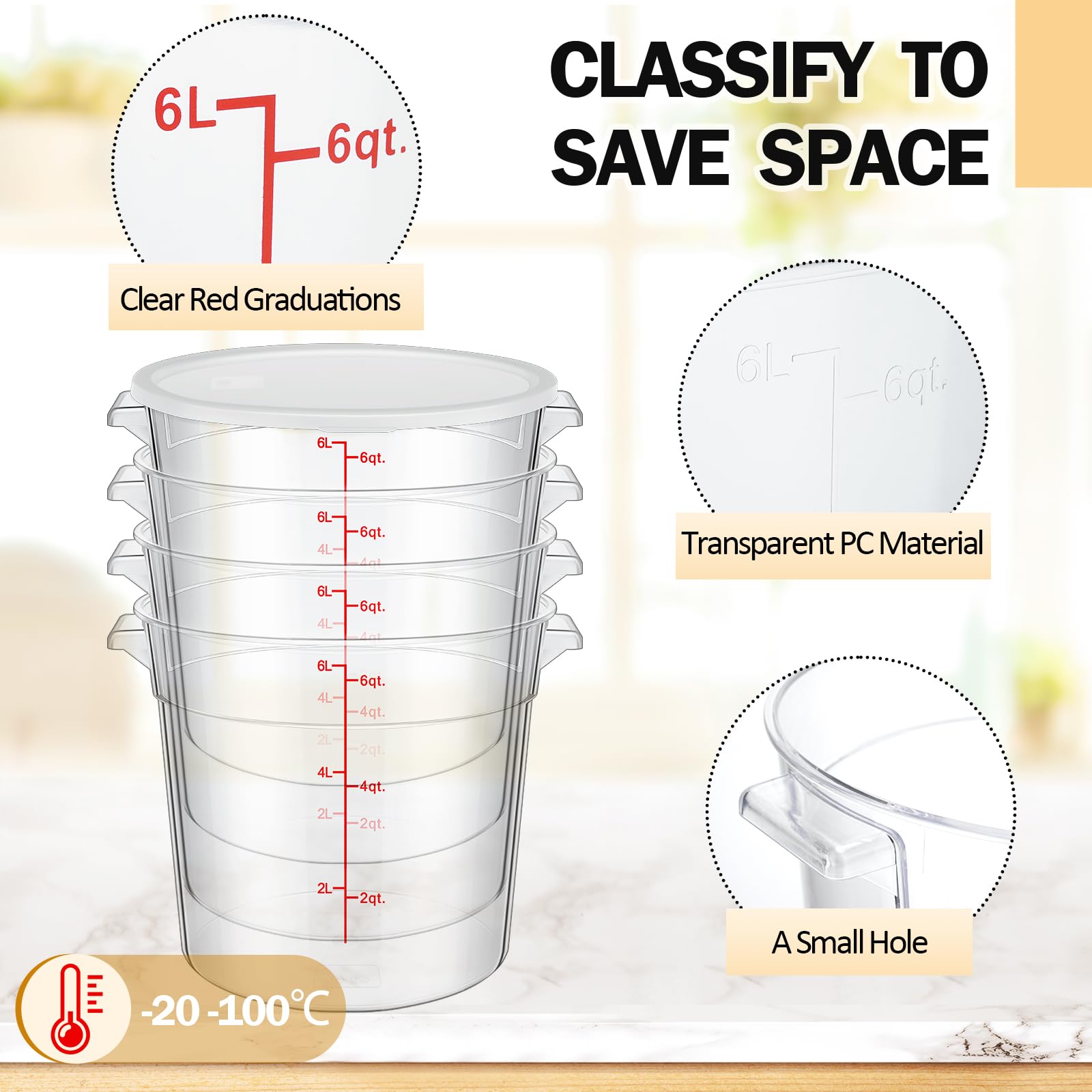 Amazon｜Soaoo 4個 丸型食品保存容器 計量6クォート 赤い鱗付き