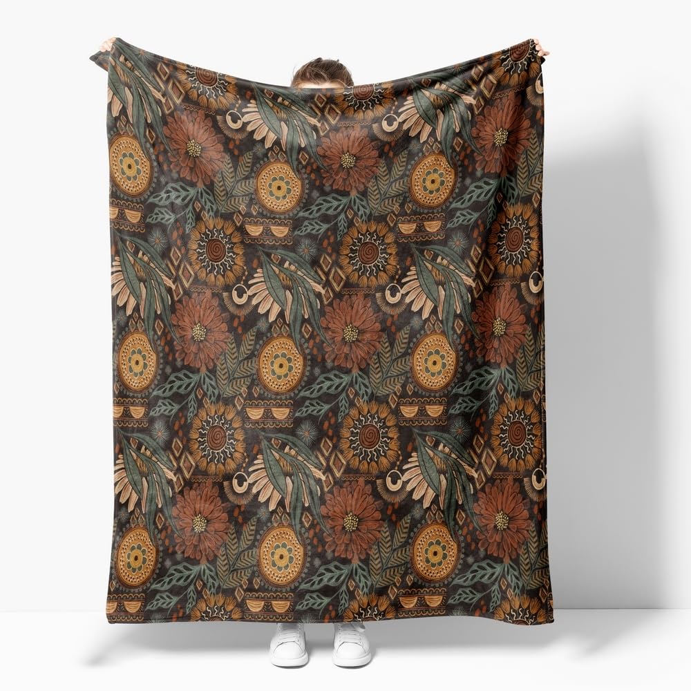 Boho Vintage Floral Print Blanket, Rustic Soft Flannel Lightweight, Brown/PeachPuff/Green Botanical Throw for Living Room Decor, Gifts for Women & Girls, All Seasons, 60x80 inch
