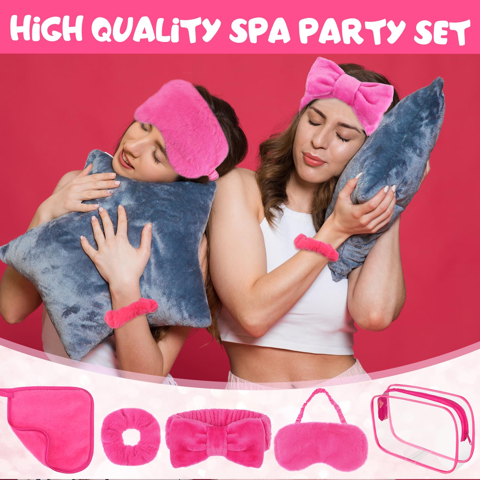 30 piezas de suministros de fiesta de pijamas para niñas, incluye 6 diademas de maquillaje con lazo, 6 antifaz de felpa para dormir, 6 coleteros de terciopelo, 6 paños desmaquillantes, 6 bolsas de