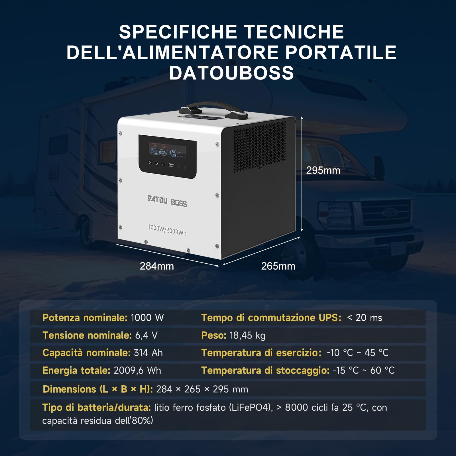 Stazione di Energia Portatile 2009,6Wh, Potenza Nominale 1000W Picco 1500W, Batteria LiFePO4 8000 Cicli, Ricarica Solare MPPT 550W, Onda Sinusoidale Pura per Campeggio, Camper e Emergenze Domestiche