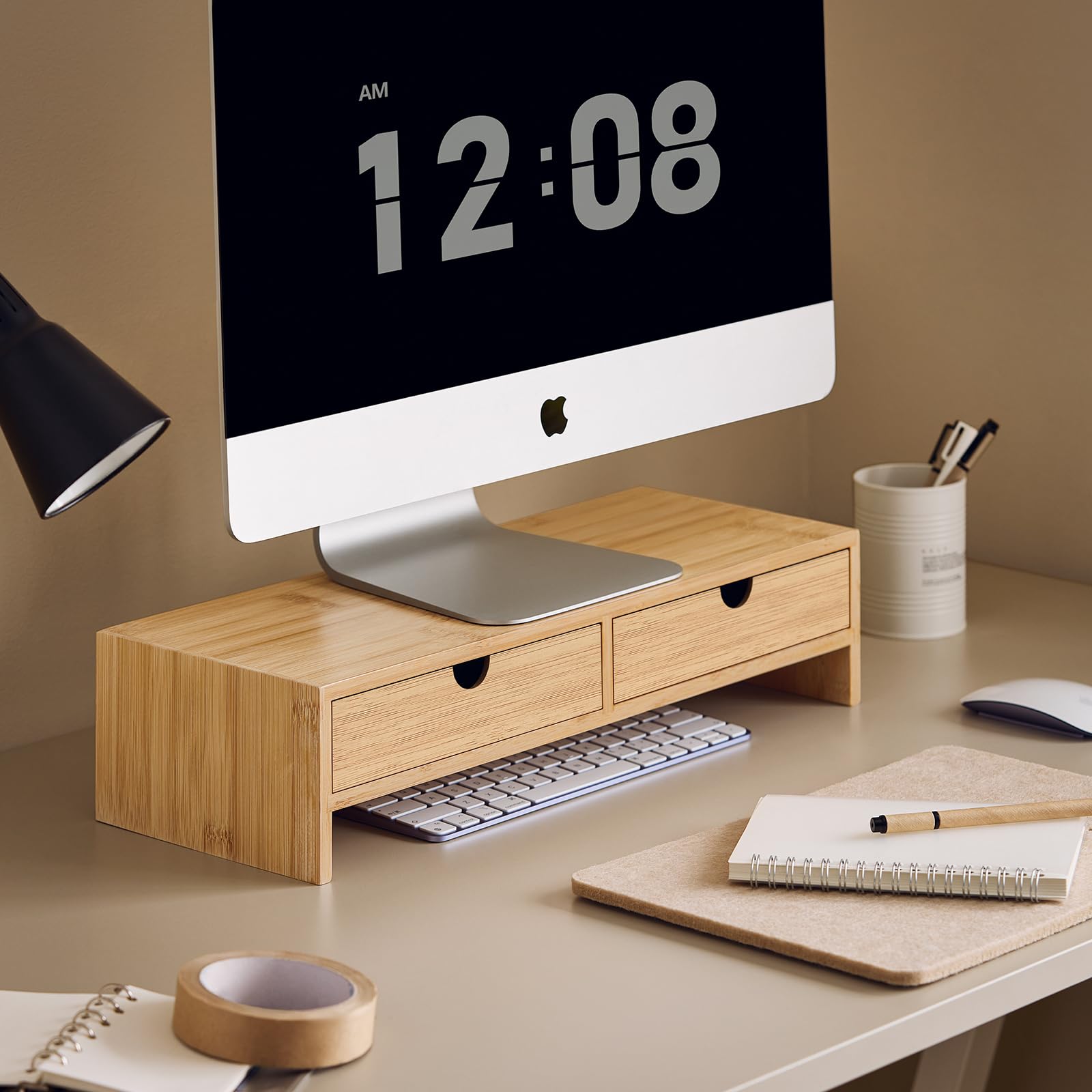 SoBuy Supporto Monitor in Bambù Portata fino a 15kg 47x11x18cm Ufficio | rialzo ergonomico con 2 cassetti, ecologico e durevole FRG198-N