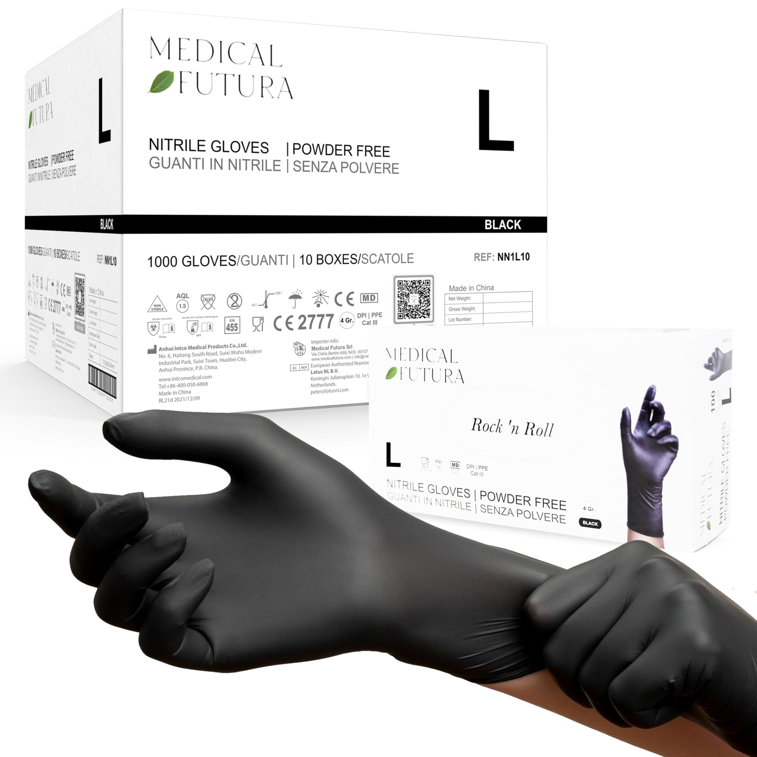 1000 Guanti in Nitrile L Neri Monouso Anallergici Gr. 4.0, Senza Polvere, Senza Lattice, Ottimi per Estetisti, Tatuatori, Officine, Ambiti Medici e Manipolazione Alimenti (L, Neri)