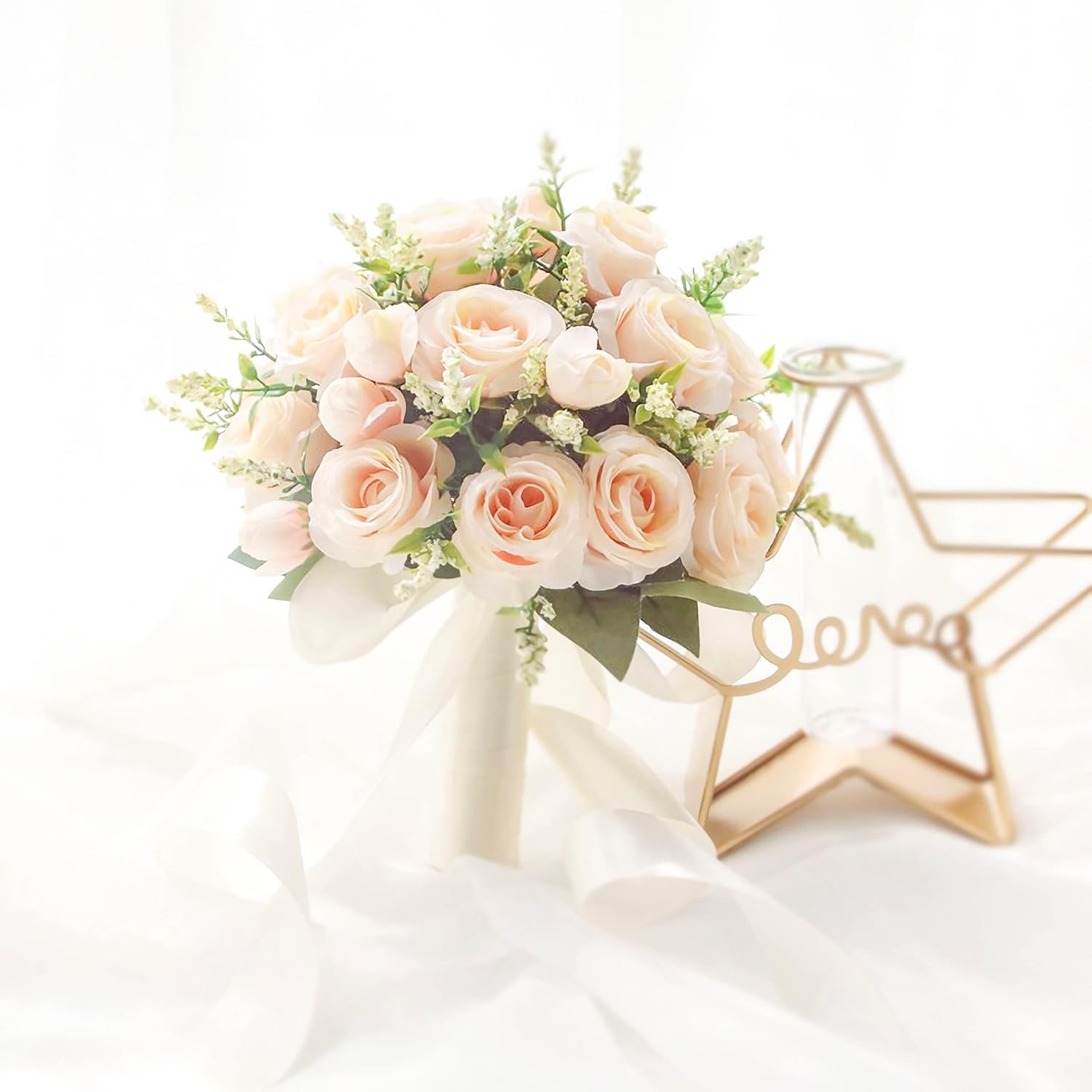Wedding Bouquets for Bride Bridesmaid, 7.8 Inch Champagne Bride Bridal Bouquet Tossing Rustic Bouquet Artificial Roses for Wedding Church Home Decoration (1pcs Champagne Bouquet)