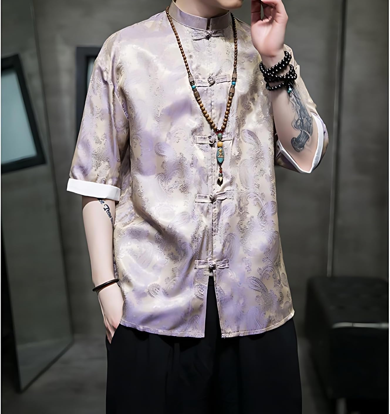 Men's Kung Fu Shirt,Traditional Chinese Hanfu Tang Suit Coat with Silk Printing,Half Sleeve Top for Casual Summer Outfits Light Purple