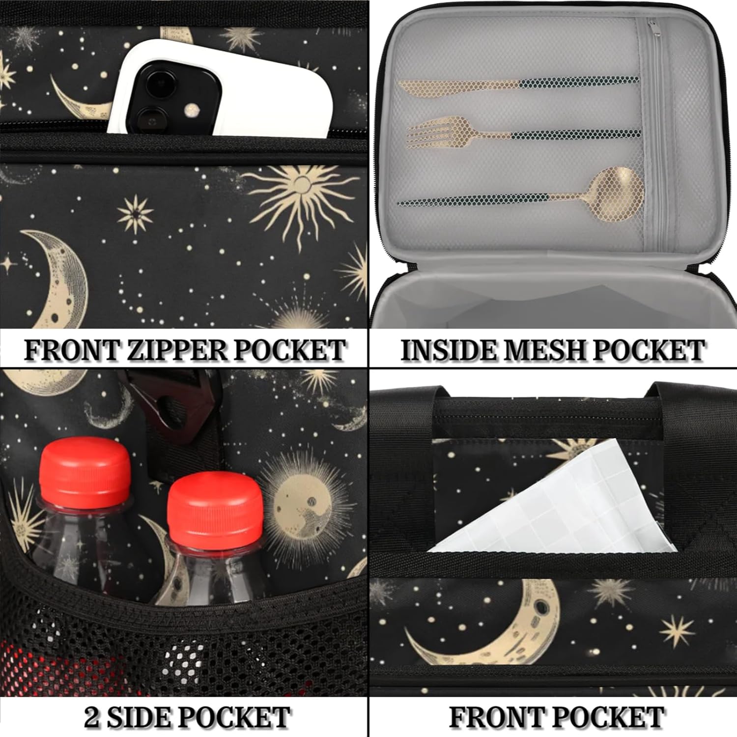 Large Lunch Bag Women Insulated, Portable Cooler Bags Insulated for Travel, Men Lunch Box with Compartments, Lunch Tote Bag with Shoulder Strap for Work, Picnic (Moon & Stars Black)