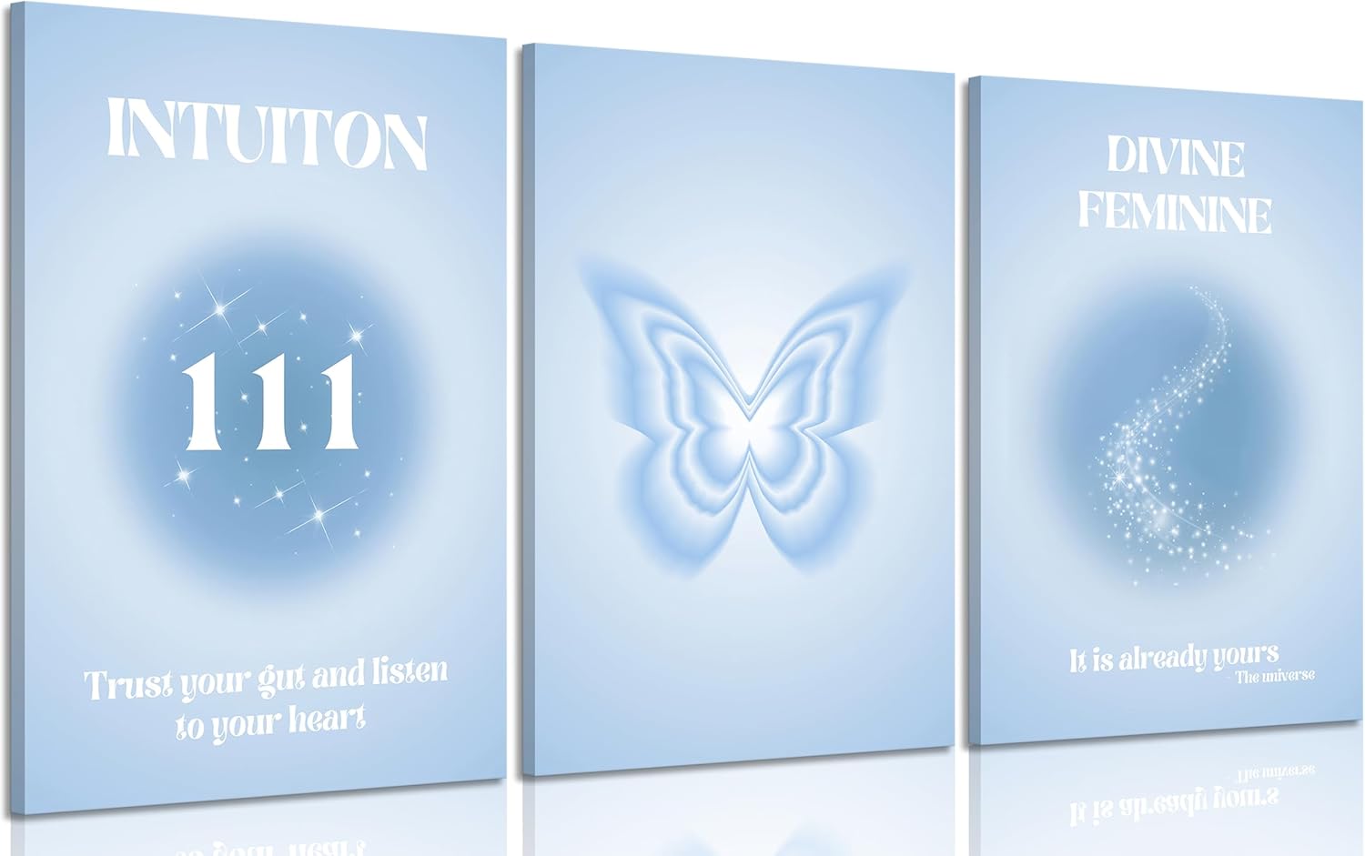 3 pcs Blue Gradient Aura Canvas Wall Art Trendy Angel Numbers Butterfly Spiritual Grainy Gradient Wall Decor Pictures Preppy Aesthetic Posters Prints for Girls' Room Bedroom Dorm Decoration