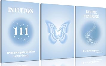 3 pcs Blue Gradient Aura Canvas Wall Art Trendy Angel Numbers Butterfly Spiritual Grainy Gradient Wall Decor Pictures Preppy Aesthetic Posters Prints for Girls Room Bedroom Dorm Decoration