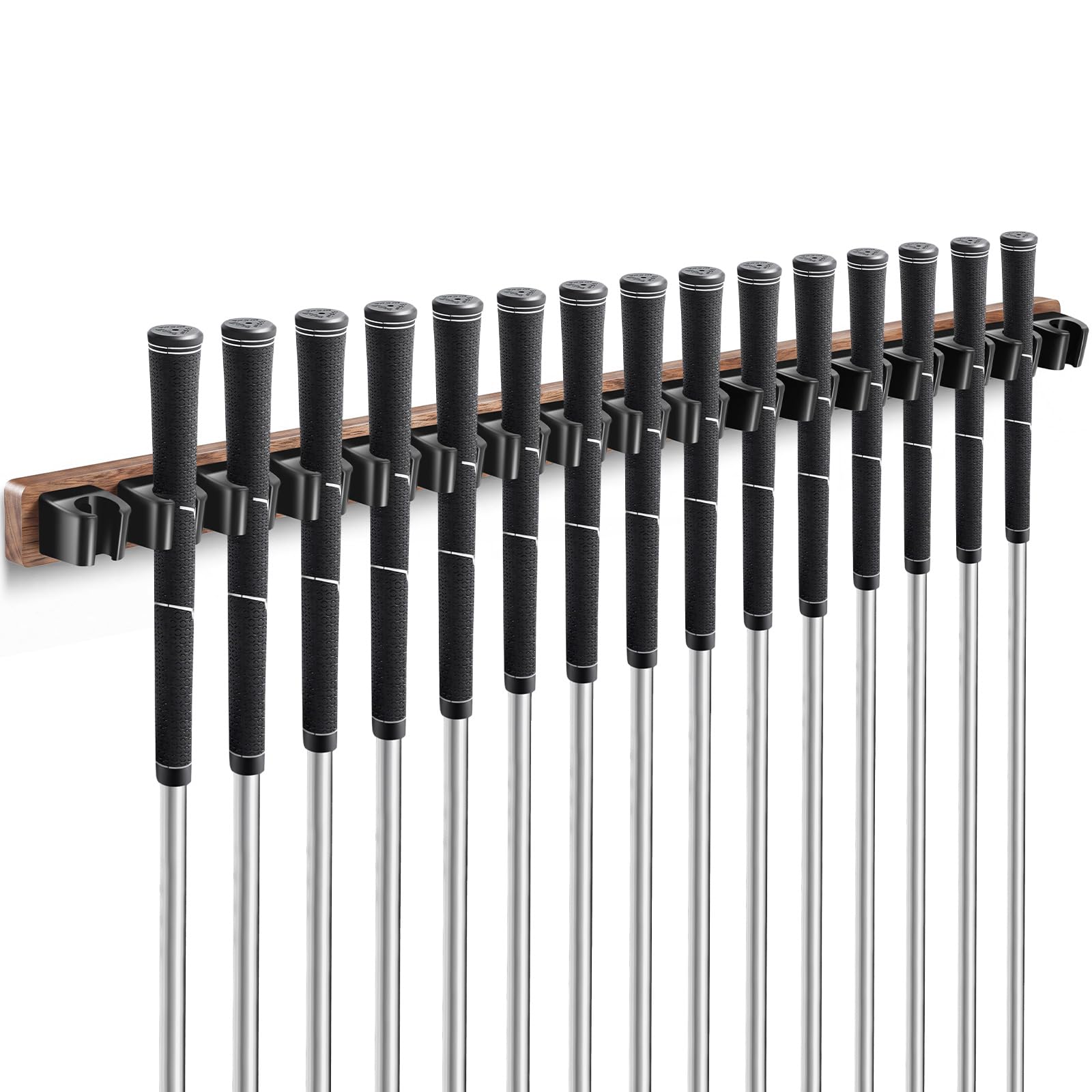Blueweenly 1 Pack Wooden Golf Club Holder Wall Mount, Walnut Tone, 17 Clips