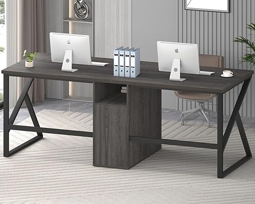 Miniatura 16 de IBF Escritorio negro para computadora con cajón de archivos, escritorio para 2 personas con estante de gabinete de almacenamiento, oficina moderna y