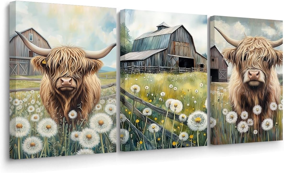 BJYCHG Highland Cow Canvas Wall Art Farmhouse Barn Wall Decor Rustic Cattle Picture Country Dandelion Floral Prints Farm Animal Landscape Painting for Kitchen (11x14inchx3 Pieces)