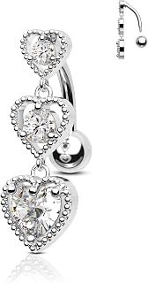 Triple Heart Dangle Belly Button Rings - 14G Reverse Navel Rings Dangly Cute Belly Piercing Jewelry - Stainless Steel