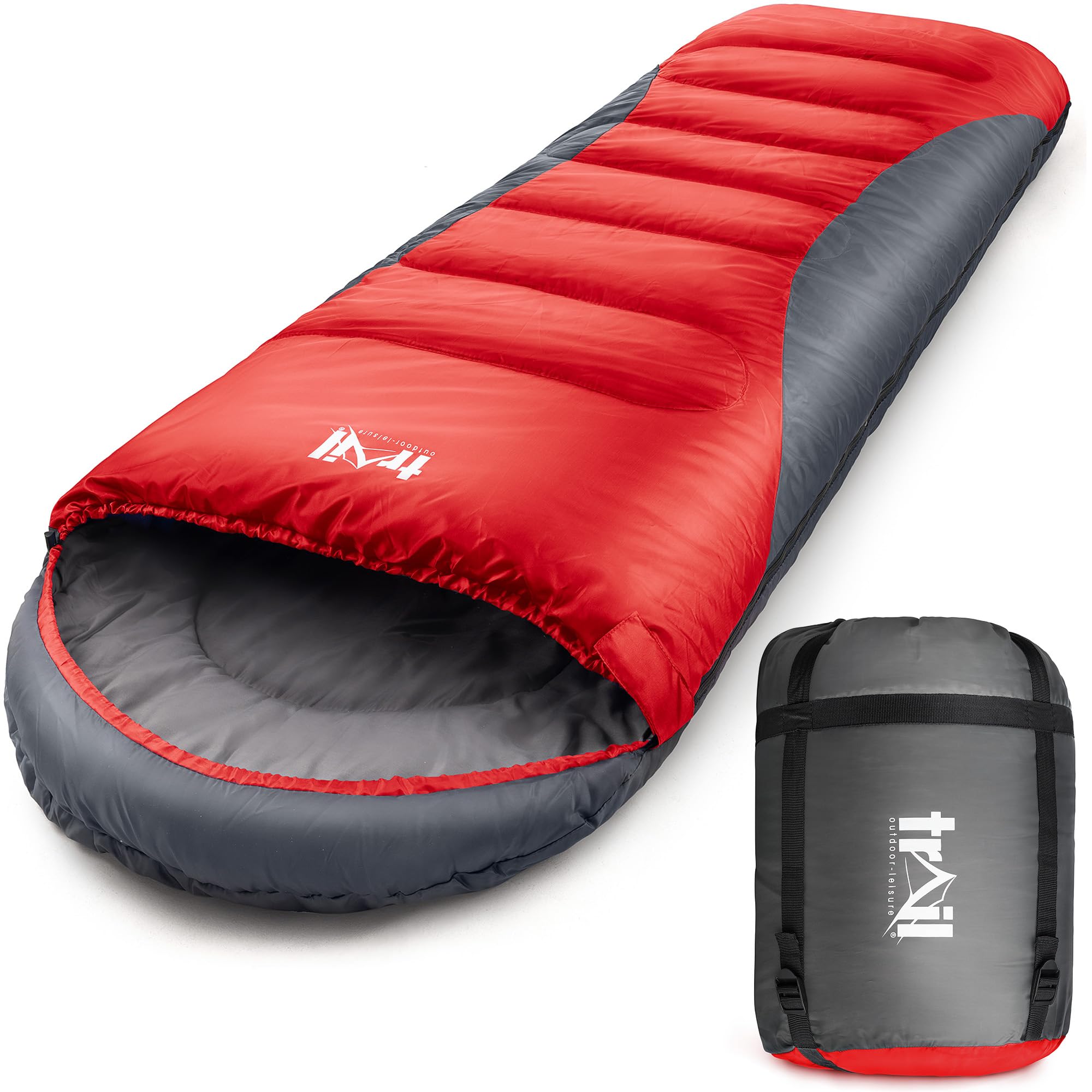Trail-Alpin-Schlafsack mit Kapuze – 250 g Schlafsack, 3-Jahreszeiten- Schlafsack. Leicht, kleines Packmaß – mit Kapuze und Kompressionssack (Rot)