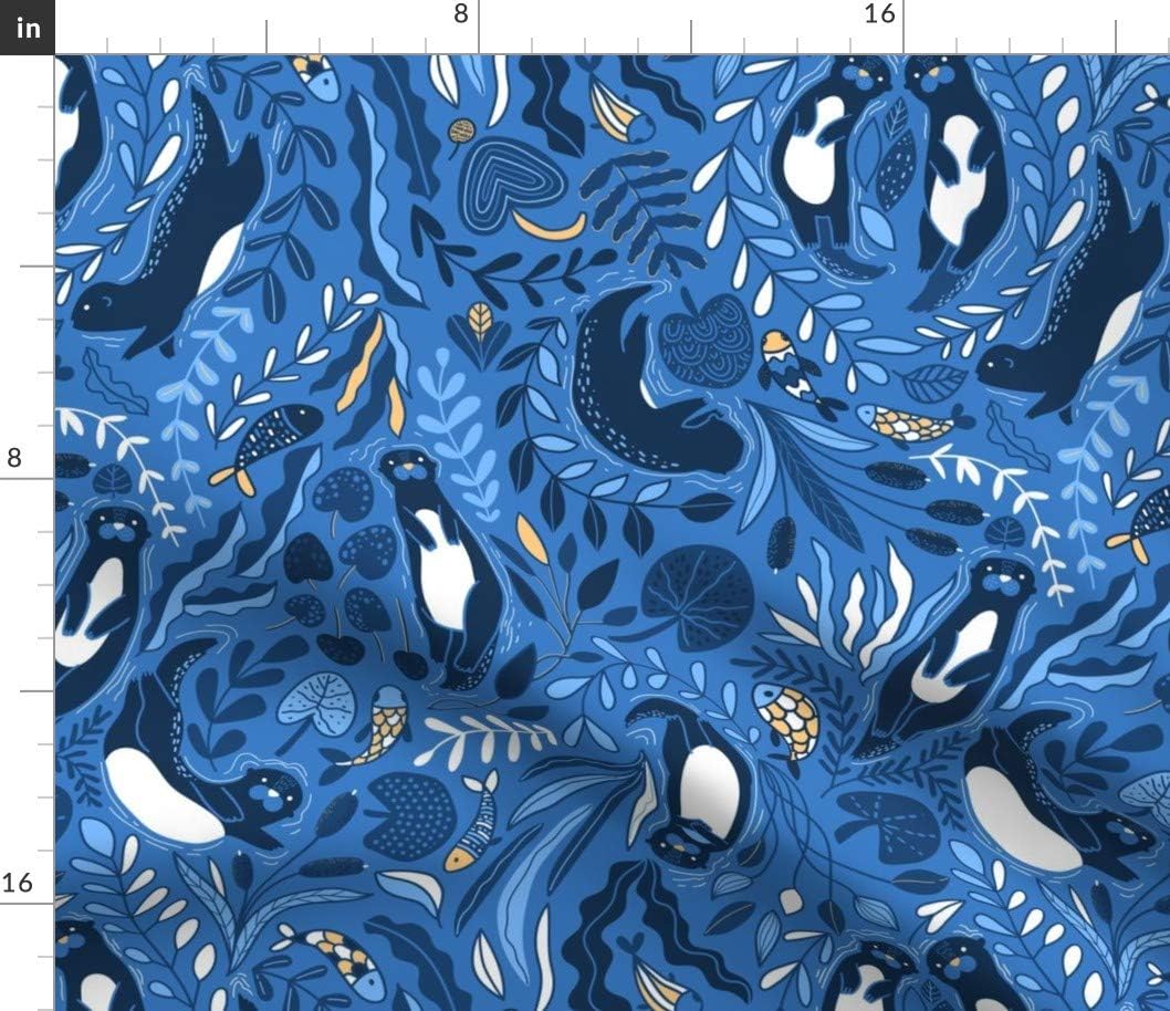 Spoonflower Fabric - Cute Otters Funny Animals Plants Underwater Leaves Navy White Blue Printed on Petal Signature Cotton Fabric by The Yard - Sewing Quilting Apparel Crafts Decor