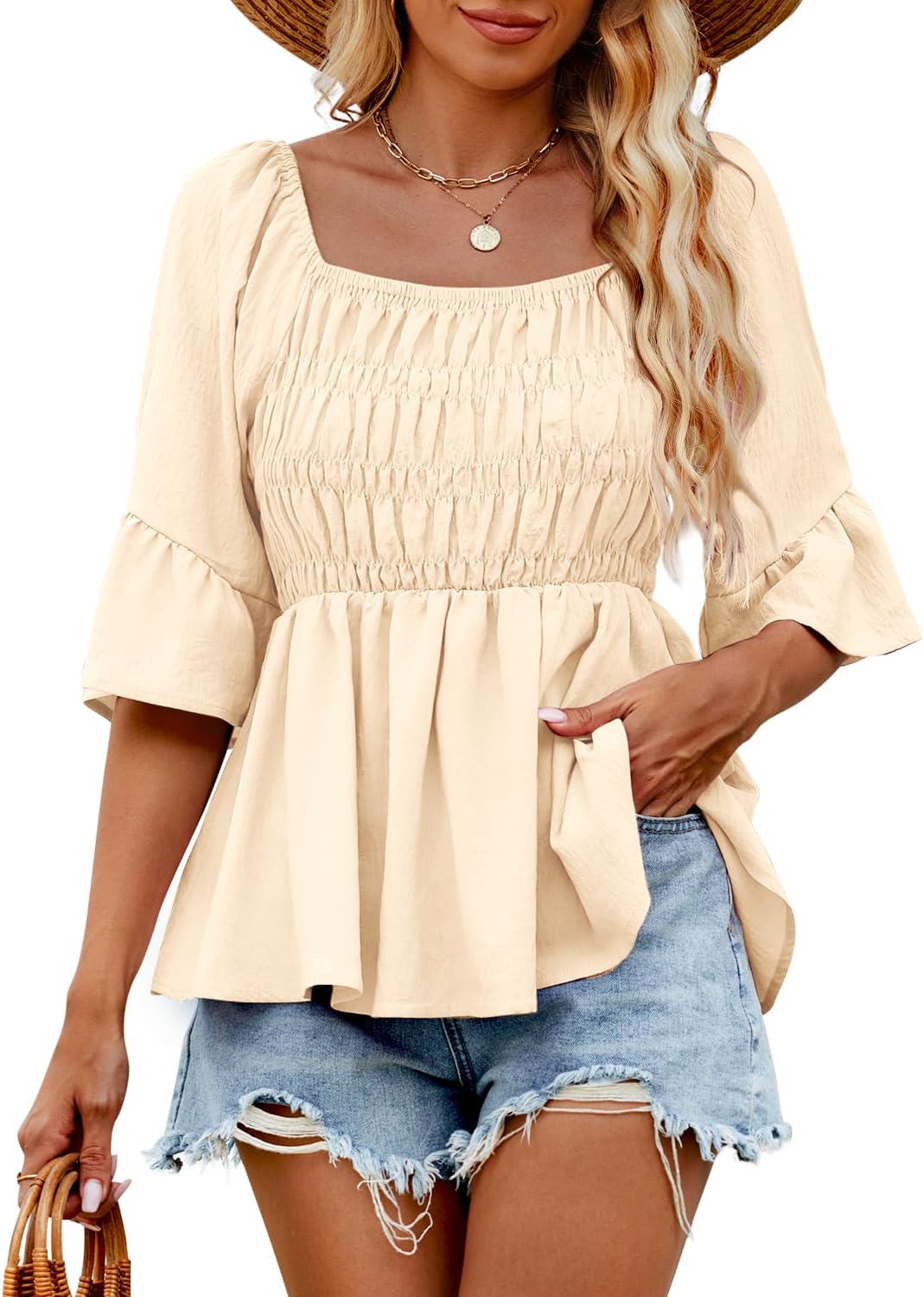 HEYTALALA Womens 3/4 Sleeve Tops Dressy Casual Square Neck Summer Peplum Blouses Ruffle Sleeve Babydoll Shirts 2025 Trendy - Image 2