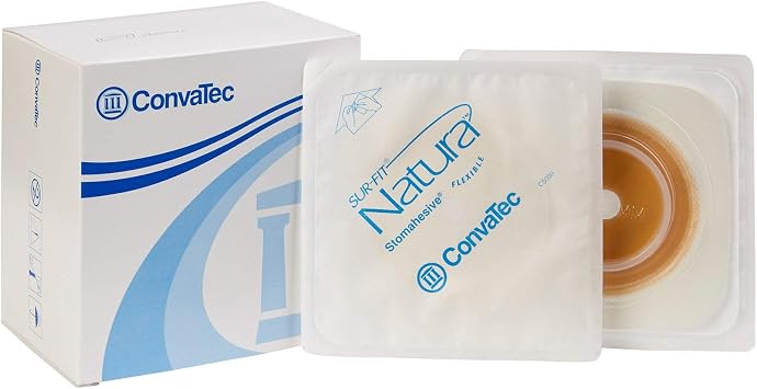 Sur-Fit Natura Colostomy Barrier Trim to Fit, Standard Wear Stomahesive, White Tape 1-3/4 Inch Flange Hydrocolloid Up to 1 to 1-1/4 Inch Stoma 4 X 4 Inch, 125259 - Box of 10