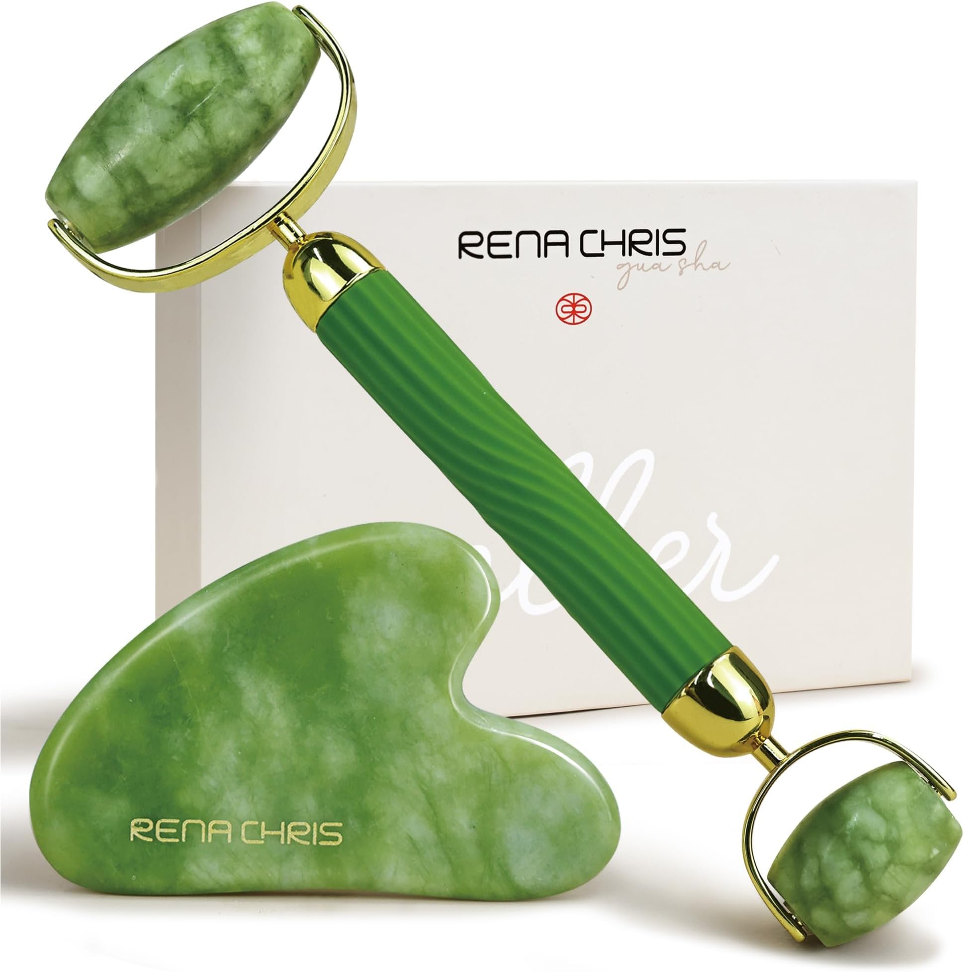 Rena Chris Gua Sha and Face Roller Set: Anti-Breakage Jade Roller for Long-Lasting Use, Jawline Sculpting and Puffiness Reducing, Gua Sha Facial Tools for Self Care Gift (Green)