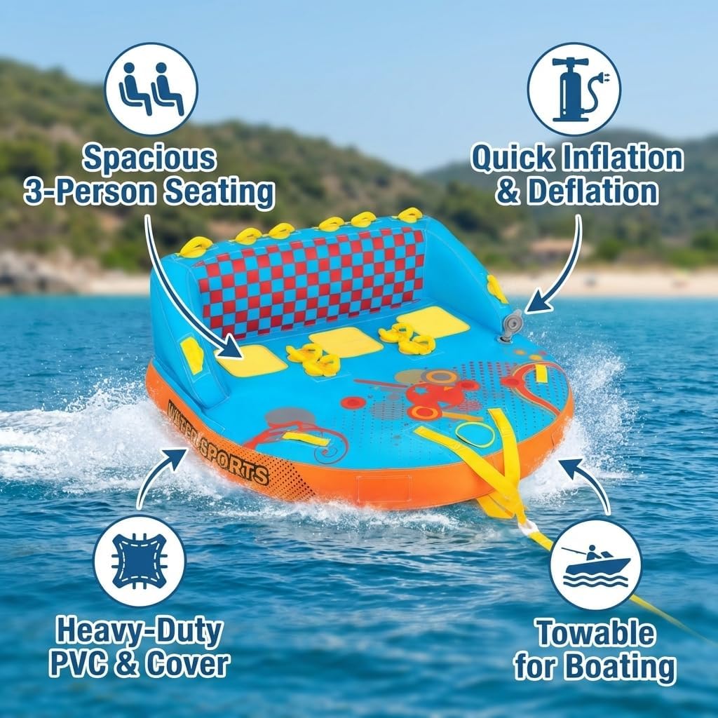 2 Person Inflatable Towable Tube for Boating, Water Sport Towable Float with Dual Handles and Quick Inflation Valve, Heavy Duty PVC Construction for Lake River Ocean towable Tubes for Boating Use
