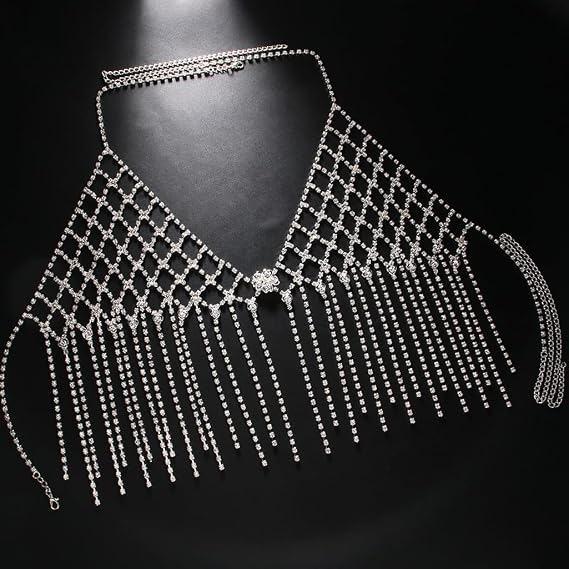Silver Body Chains Sexy BikiniCrystal Bra Tassel Chest Chain - Rave Beach Nightclub Body Jewelry Accessorie for Women and Girls-Silver