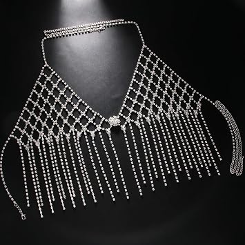 Silver Body Chains Sexy BikiniCrystal Bra Tassel Chest Chain - Rave Beach Nightclub Body Jewelry Accessorie for Women and Girls-Silver