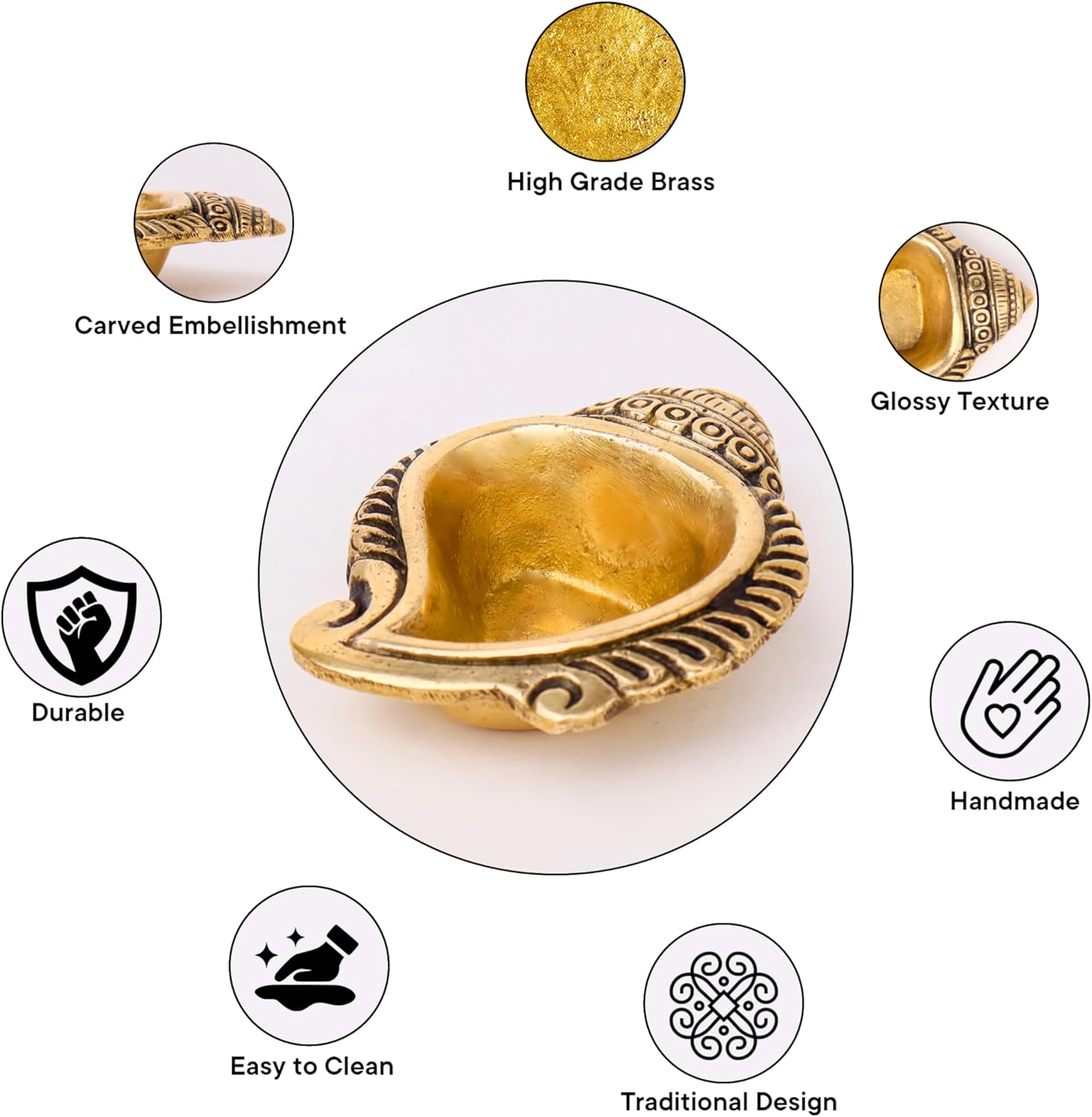 Indian Shelf Handmade Conch Religious Pital Diya for Ceremonies God Idols Deepak Awards Pooja Brass Oil Lamps (Size: 2.4cm) BOL-331