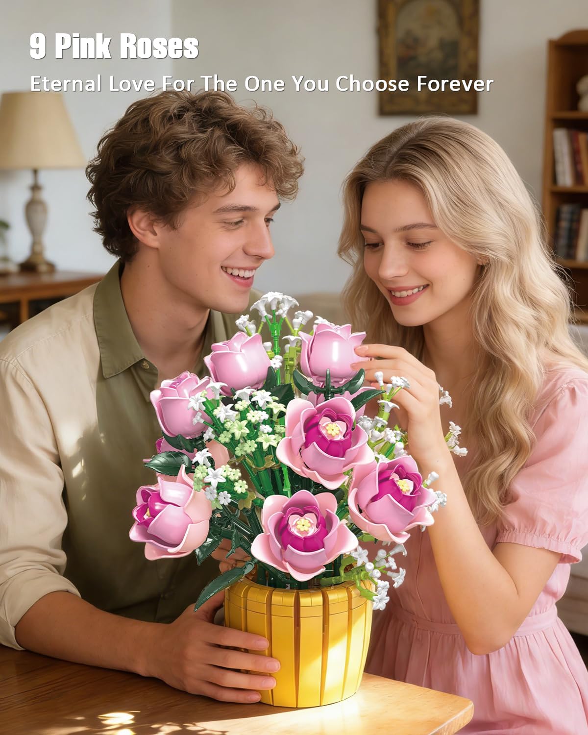 Mavo brix Pink Rose Building Set for Adults, Botanical Flowers Bouquet with Vase, Home Décor Centerpiece, Gift for Women, Valentine's Day, Birthday & Mother's Day, 1056 PCS