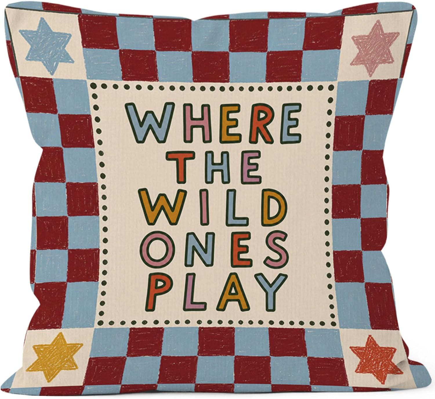 Kids Playroom Throw Pillow Cover 18x18, Kids Room Decor Pillow Cases for Boys Girls, Red Blue Checkered Star Nursery Decorative Square Pillowcases for Boys Girls Room Bedroom Playroom