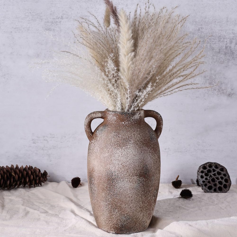 Jarrón Rústico de Cerámica con 2 Asas, Florero Marrón de Terracota, Jarrón Decorativo de Barro para Decoración del Hogar, Mesa, Boda, Sala de Estar y Estantería