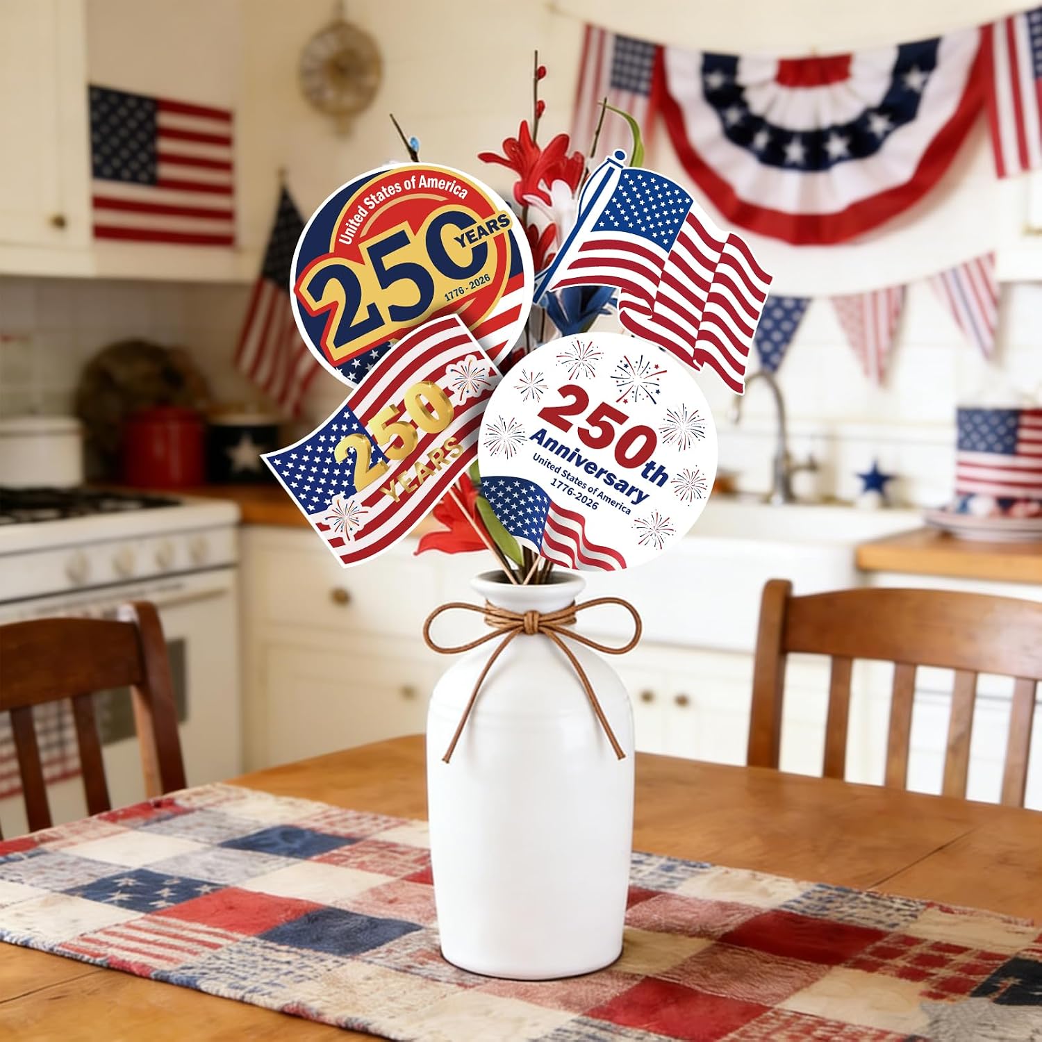 USA 250th Anniversary Decoration, 24Pcs 250th Anniversary Table Centerpiece Sticks American Table Toppers for United States Independence Day Patriotic Party Flower Vase Filler Suppies