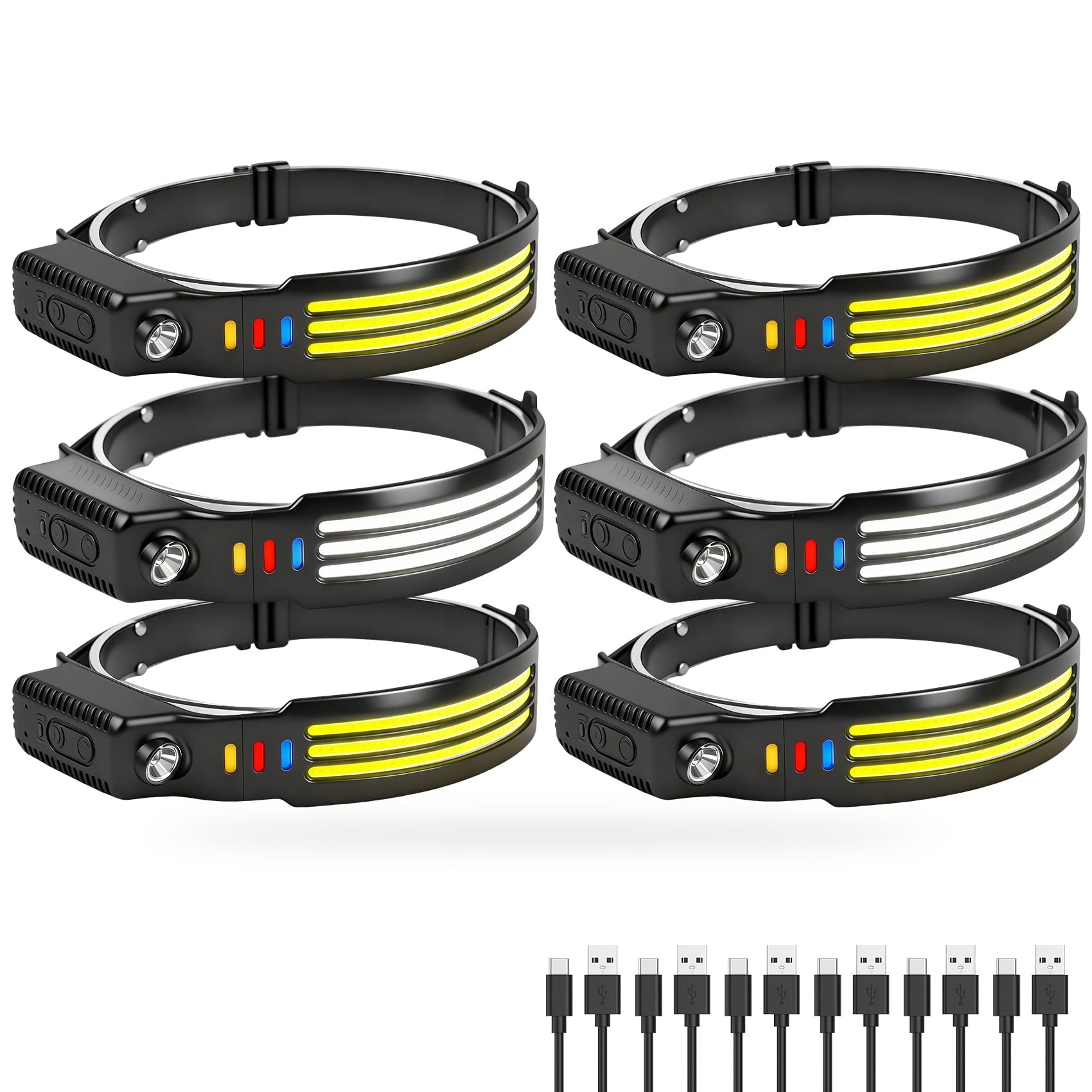 Stirnlampe, wiederaufladbar, 230° COB, Weitstrahl, LED mit Bewegungssensor, 1200 Lumen, LED-Stirnlampe mit 5 Lichtmodi, wasserdichtes Stirnlicht für Camping-Zubehör, Laufen, Wandern, 6 Stück