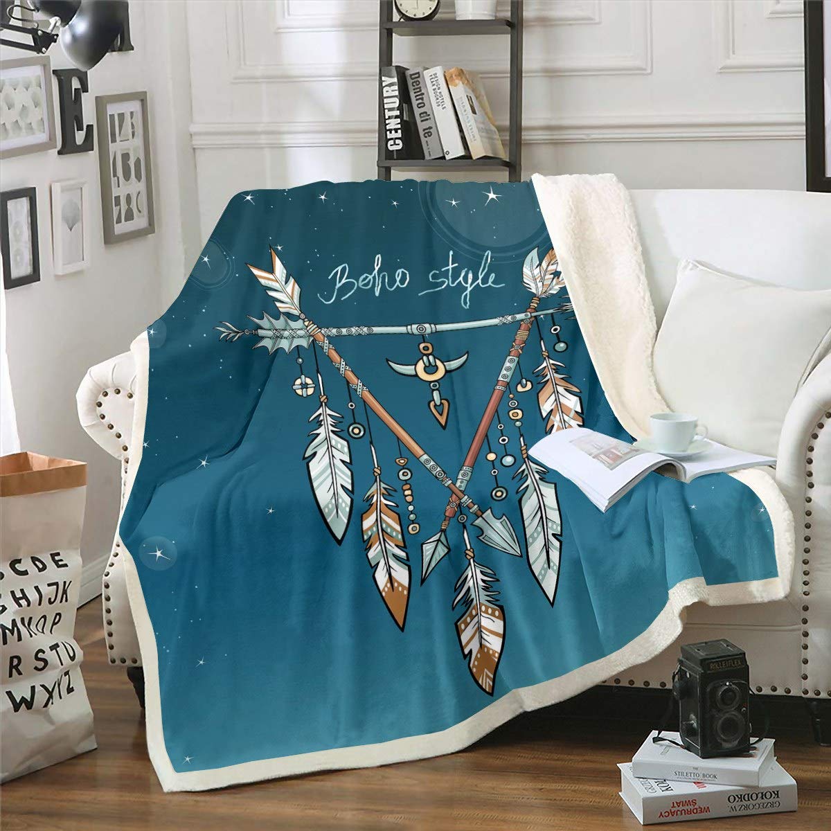 Loussiesd Boho Feather Plush Blanket Bohemian Arrow Fleece Sherpa Blanket for Chair Sofa Couch Women Aztec Decor Throw Blanket Indian Hippie Feather Chic Tribal Single 50"x60"