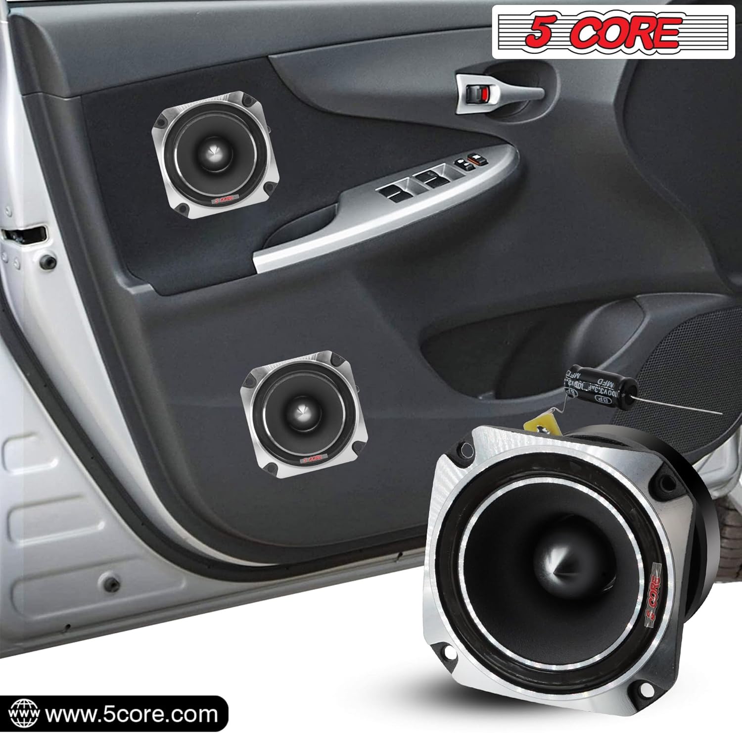 Image showing the 5 CORE TW BLT 150 CH tweeters installed in a car door panel.