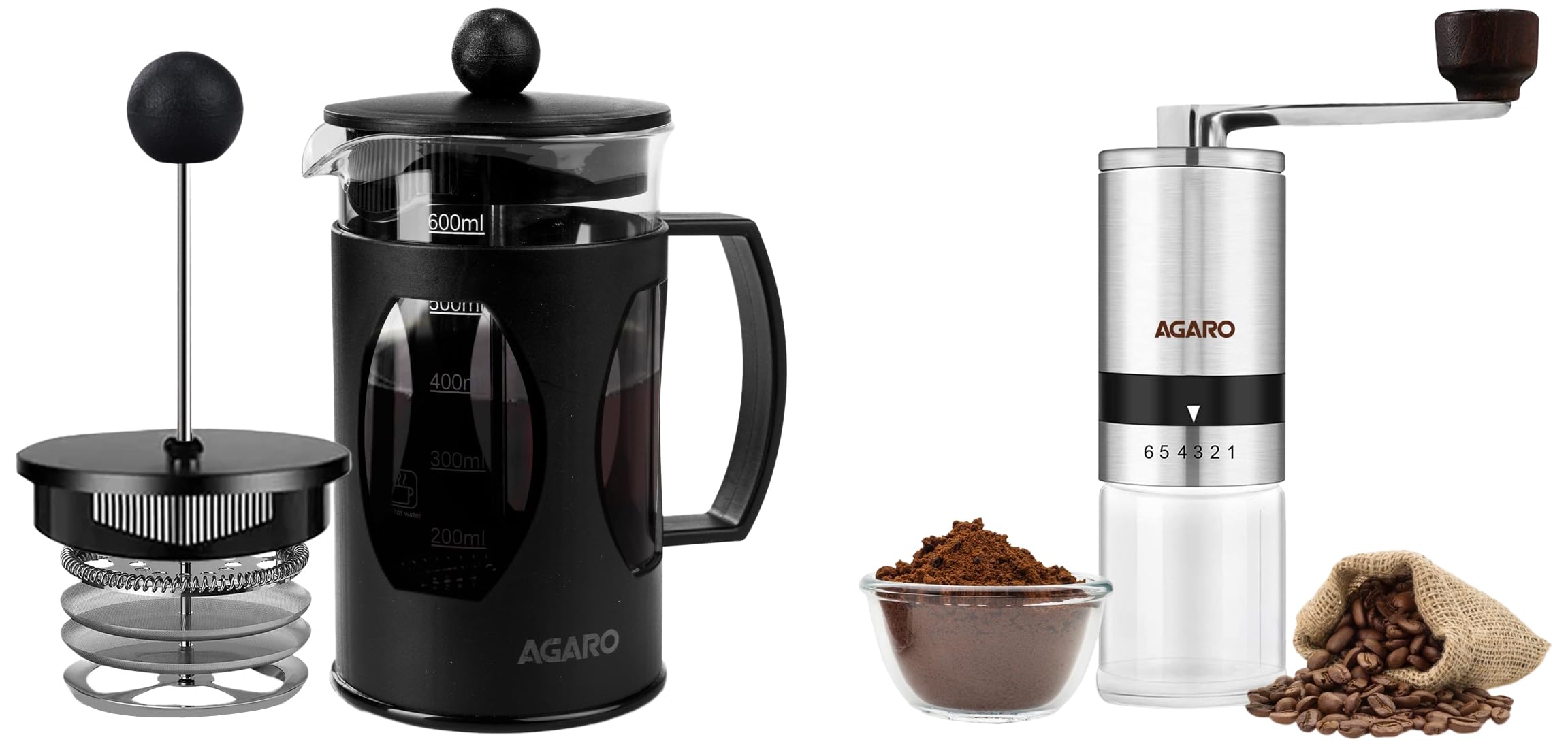 AGARO Elite Barista Elite | Manual Grinder + French Press (600ml) | Premium Materials | Temperature Safe | for Daily Brewing | Glass/Steel | FDA Approved